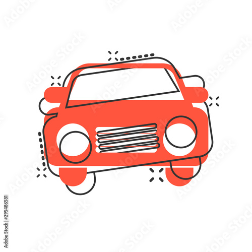 Car icon in comic style. Automobile car vector cartoon illustration pictogram. Auto business concept splash effect.