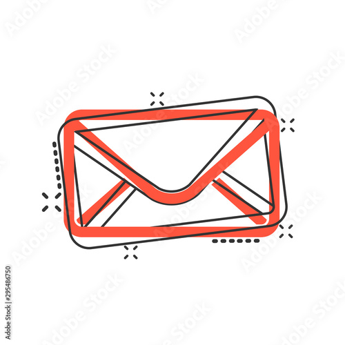 Mail envelope icon in comic style. Receive email letter spam vector cartoon illustration pictogram. Mail communication business concept splash effect.
