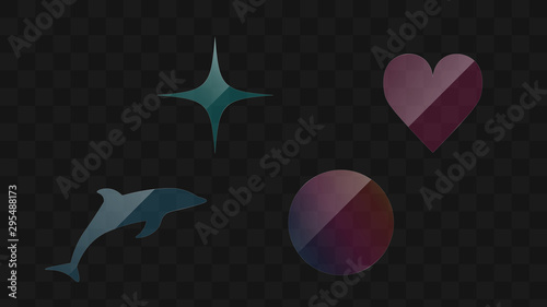 Transparent glass shapes vector design. Set of glass icons: star, heart, dolphin, circle