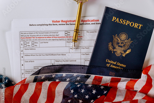Registration American vote with USA passport covered by American Flag