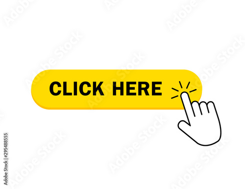Click here button icon. Yellow button with hand pointer for register on website. Click here with finger pointing button for banner. vector