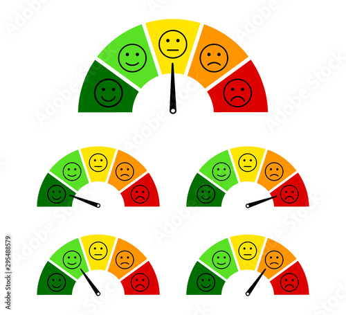Customer satisfaction scale with smile, angry icon. Speedometer score feedback survey of client. Gauge emotion concept. Level measure emoji face with arrow from bad to good. Flat vector