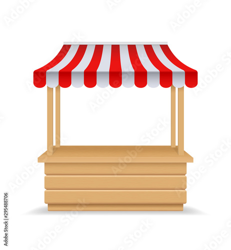 Wooden market stall, fair booth. 3d empty kiosk with striped awning, roof. Isolated market booth mockup for food. Wooden counter with sunshade for street trading, outdoor retail. vendor stall.