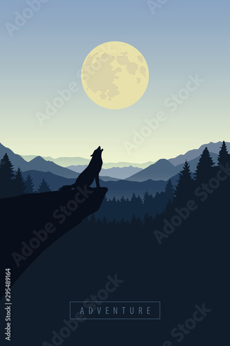 wolf on a cliff howls at full moon blue nature landscape vector illustration EPS10