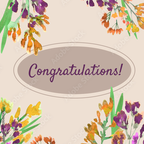 Congratulations  Postcard with inscription and flowers.  Element for postcard design and printing  as well as for web design. 