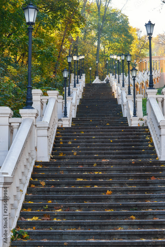 A winding staircase filled with fallen orange leaves, surrounded by yellow trees. A winding staircase filled with fallen orange leaves, surrounded by yellow trees.