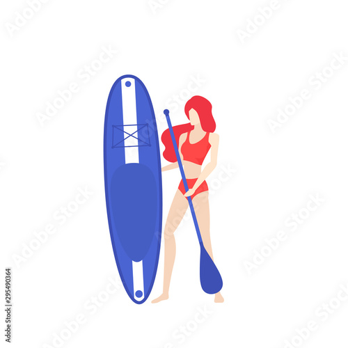 Girl with sup board and paddle, vector