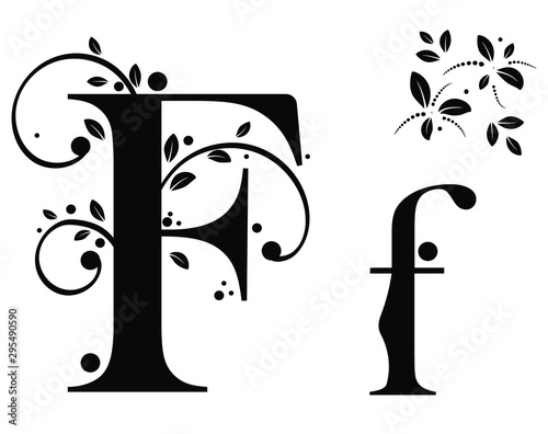  Decorated Alphabet with ornaments vintage vector, Letter F upper and lower case with leaves vector. Decoration vintage for invites card and other concept ideas. Illustration alphabet