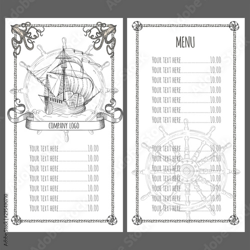 Adventure stories. Pirate background. Vintage border frame. Old caravel, vintage sailboat. Menu