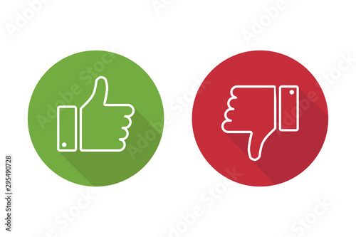 Thumbs up thumbs down red and green isolated vector like social media signs.