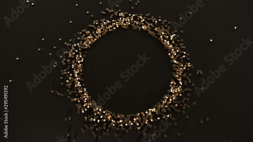 Festive New Year and Christmas frame, poster, postcard for promotions, black friday with copy space. Premium gold bars, precious stones scattered on black table background - 3D, render. 