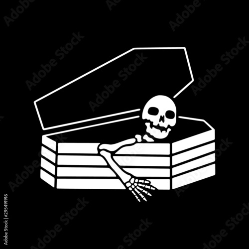 skeleton in coffin black background