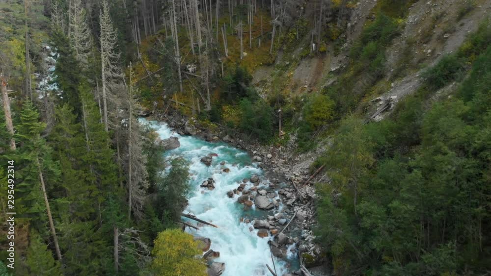 Aerial view of a clean stormy mountain river in the coniferous autumn forest of the Caucasian reserve. Concept of conservation areas top view. Aerial view of a clean stormy mountain river in the coniferous autumn forest of the Caucasian reserve. Concept of conservation areas top view.