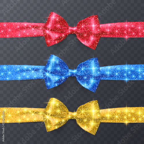 Holiday ribbon and bow on transparent background with glittering texture, Set os bows of red, blue and yellow colors