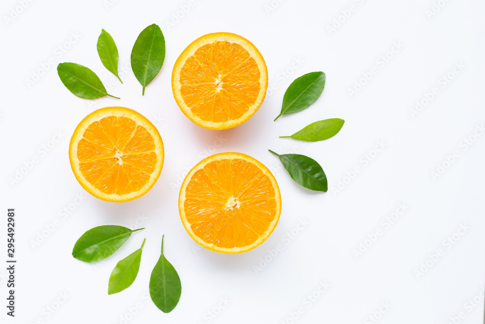 Fresh orange citrus fruit with leaves isolated on white background. Fresh orange citrus fruit with leaves isolated on white background.