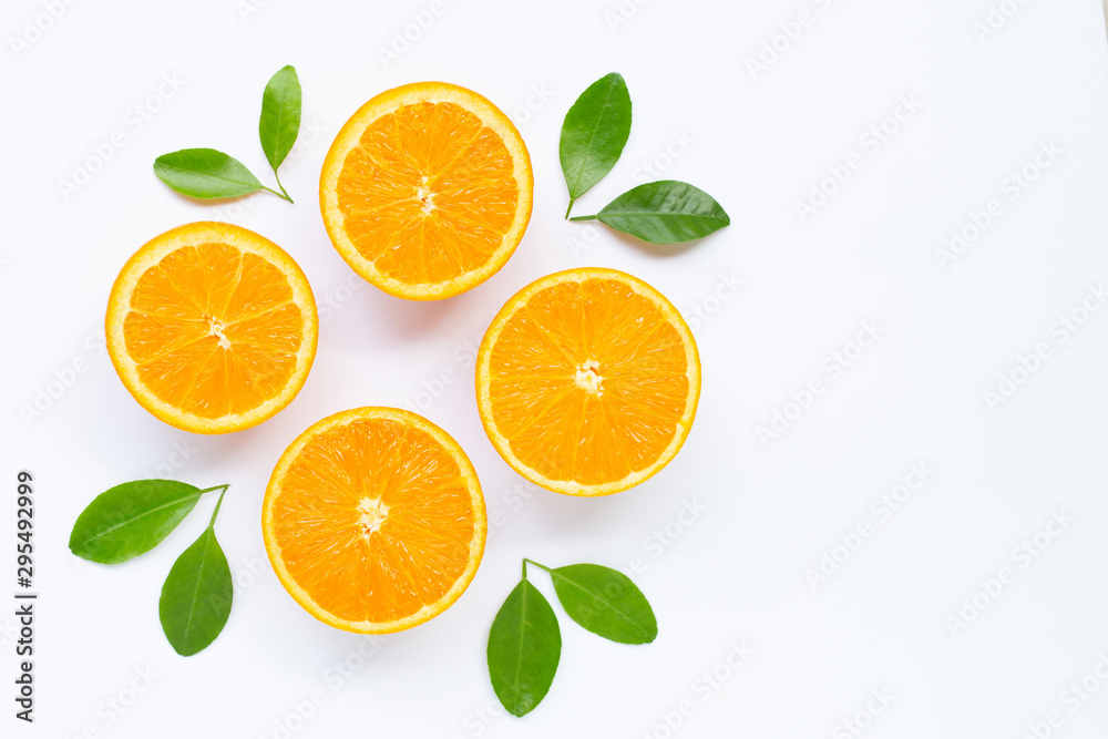 Fresh orange citrus fruit with leaves isolated on white background. Fresh orange citrus fruit with leaves isolated on white background.