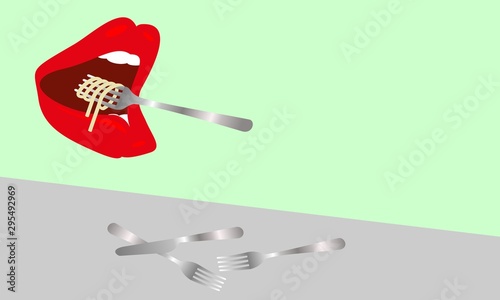 Large mouth with red lips eat а pasta. Color vector background.