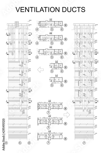 Ventilation ducts of multistory building, detailed architectural technical drawing, vector blueprint