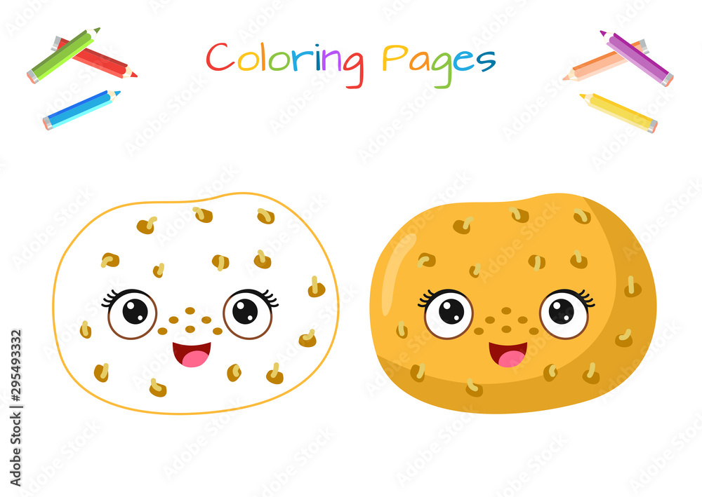 Funny potatoes with kawaii face. Coloring, sticker, postcard, scrapbooking, products for children. Funny potatoes with kawaii face. Coloring, sticker, postcard, scrapbooking, products for children.