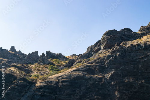 Kara-Dag mountains, view of the rocks from the sea, Crimea, Russia.