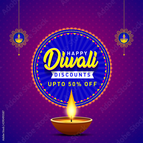 Happy Diwali Discounts Upto 50% Off Banner. Indian Festival of Light, Sale Offer, Logo design, Sticker, Concept, Greeting Card Template, Icon, Poster, Unit, Label, Web, Mnemonic with Lights background