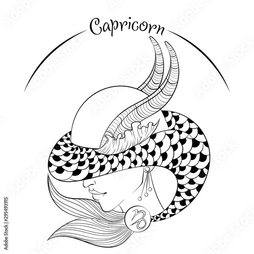 Zodiac. Vector illustration of the astrological sign of Capricorn as a beautiful fashion girl in hat. Line art template suitable for coloring book page