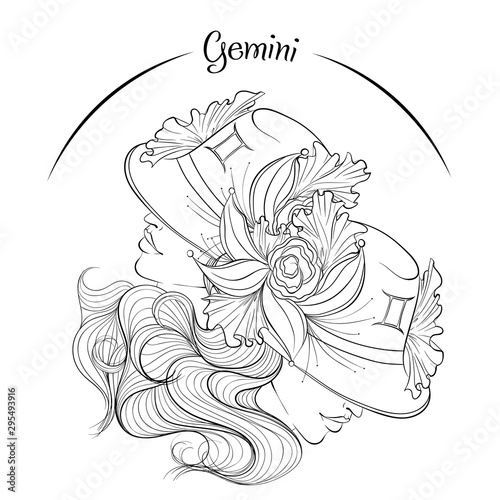 Zodiac. Vector illustration of the astrological sign of Gemini as a beautiful fashion girl in hat. Line art template suitable for coloring book page