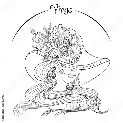 Zodiac. Vector illustration of the astrological sign of Virgo as a beautiful fashion girl in hat. Line art template suitable for coloring book page