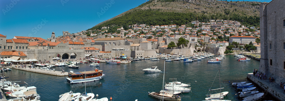 Dubrovnik, Croatia: Panorama view of the Old Port. Dubrovnik is a Croatian city on the Adriatic Sea. It is one of the most prominent tourist destinations in the Mediterranean Sea