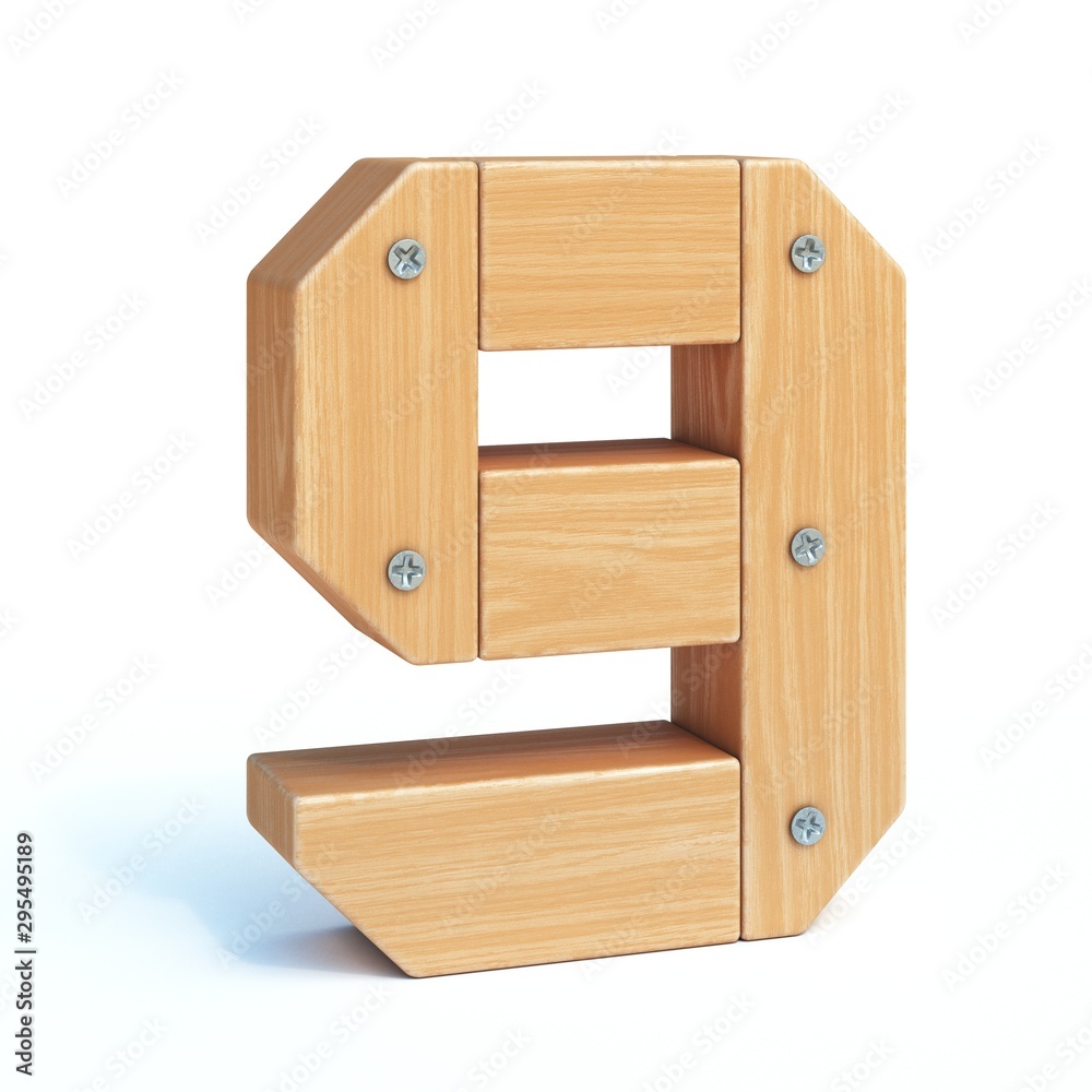 Wood font, 3d alphabet made of wooden parts, 3d rendering, number 9