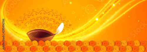 lovely yellow happy diwali diya lights banner design