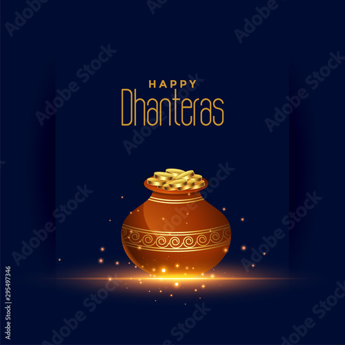 happy dhanteras festival card with gold coin pot design