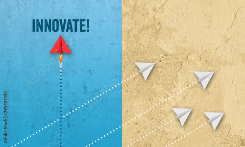 Miniature air planes illustration with word innovate on coloured background
