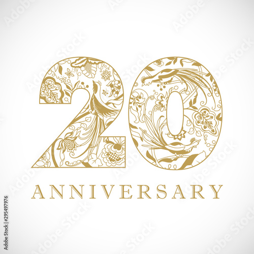 20 years old logotype. 20 th anniversary numbers. Decorative symbol. Age congrats with peacock birds. Isolated abstract graphic design template. Royal golden digits. Up to 20% percent off discount.