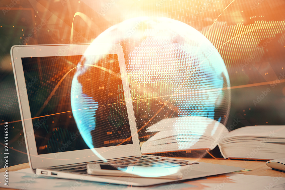 Double exposure of business theme icons and work space with computer background. Concept of success. Double exposure of business theme icons and work space with computer background. Concept of success.