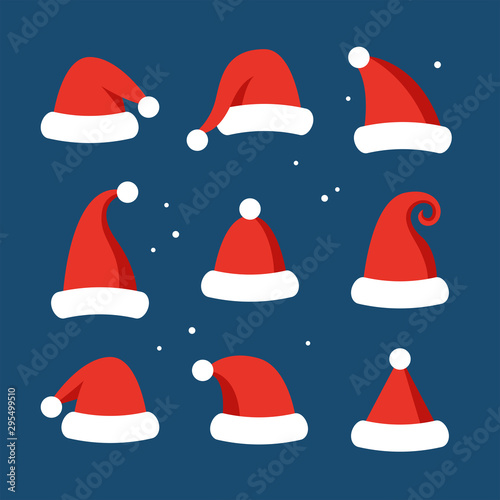 Santa hats set for Christmas and New Year graphics and web design. Flat style vector illustration