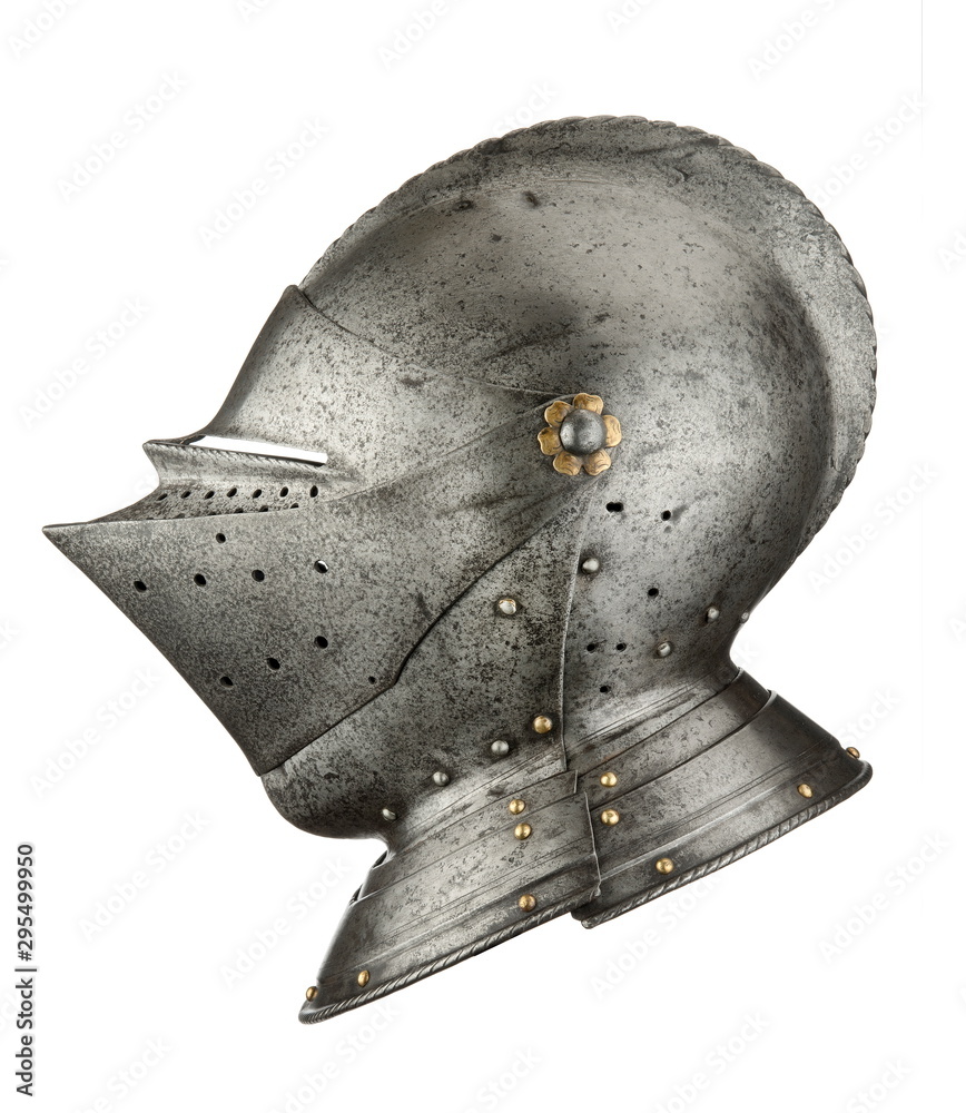Knights medieval helmet side profile isolated on white Stock Photo