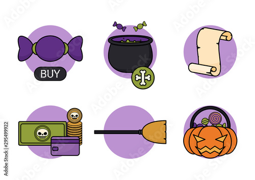 online shopping halloween concept, purchase process set, e-commerce payment infographic, vector illustration