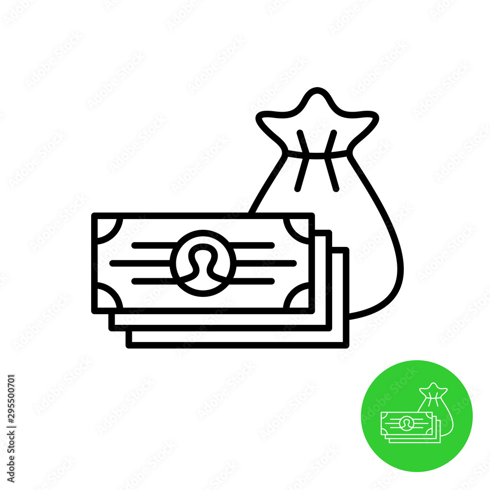 Cash money icon. Pile of money bills with bag for coins. Adjustable stroke width.
