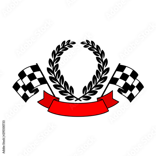 Racing flags with wreath and ribbon text placeholder. Winner in a race concept.