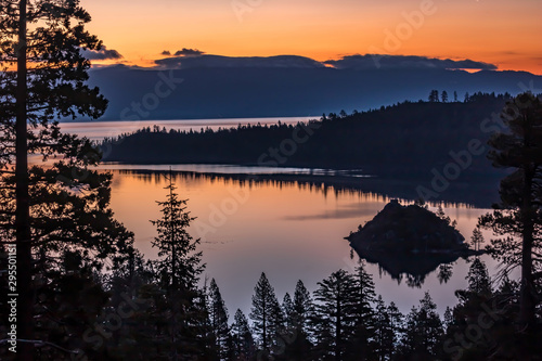 Lake Tahoe at sunrise over Emerald Bay.