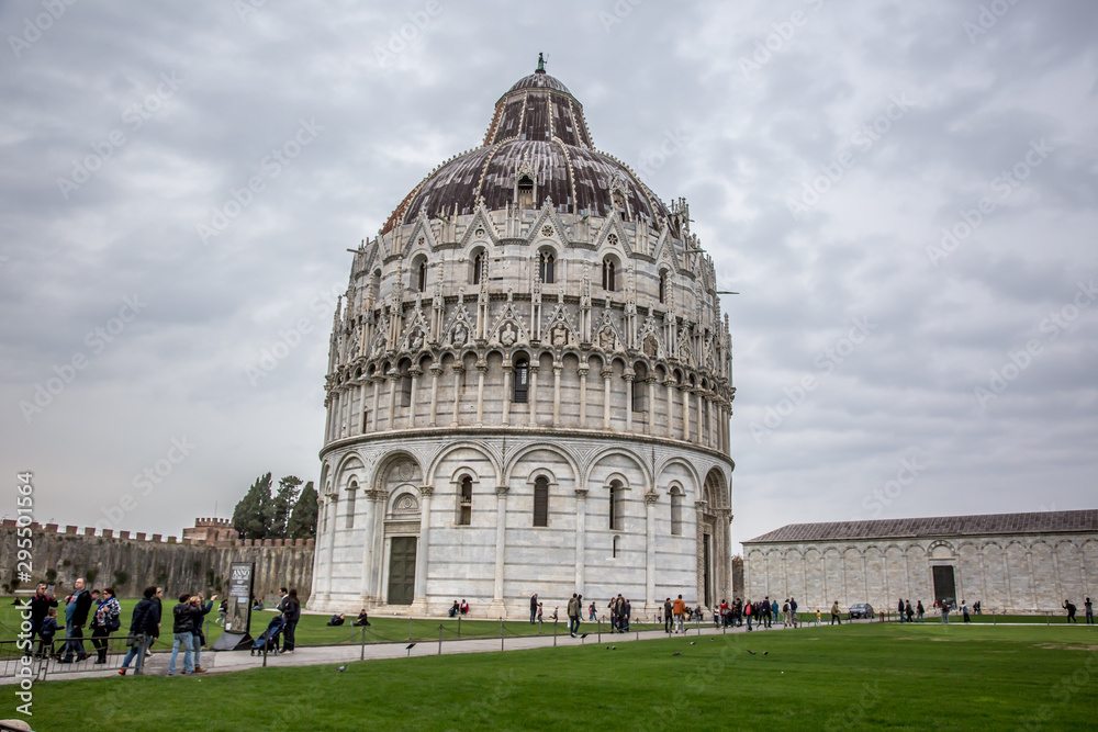 Beautiful view of Piazza Miracoli, Cathedral, baptistery and leaning tower in Pisa, Tuscany, Italy