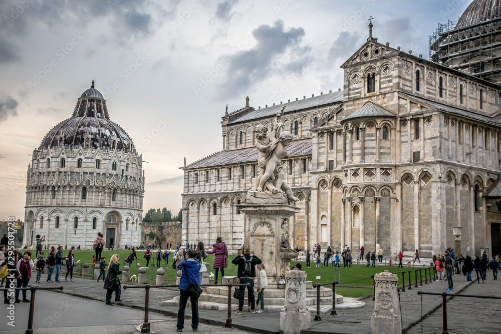 Beautiful view of Piazza Miracoli, Cathedral, baptistery and leaning tower in Pisa, Tuscany, Italy
