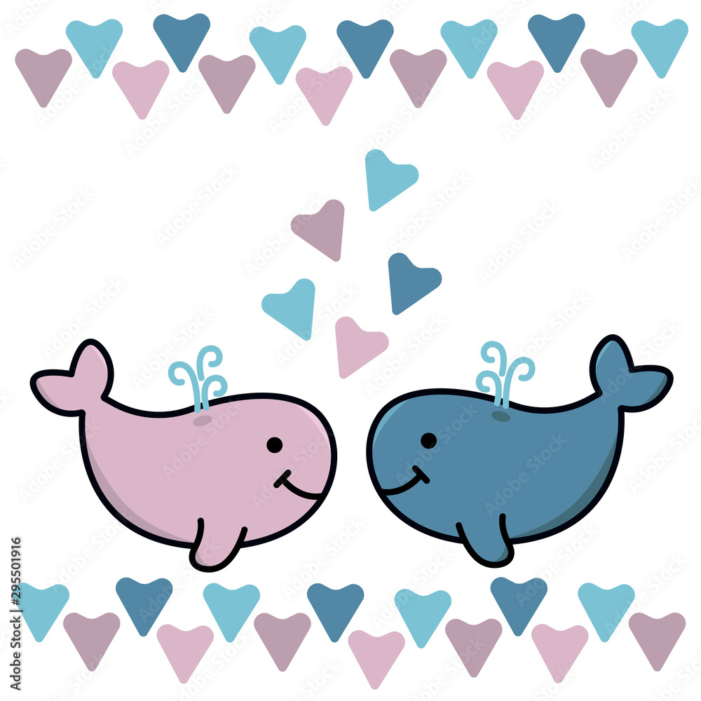 Lovers cute whales, pink and blue hearts. Graphics for Valentine's day cards. Lovers cute whales, pink and blue hearts. Graphics for Valentine's day cards.