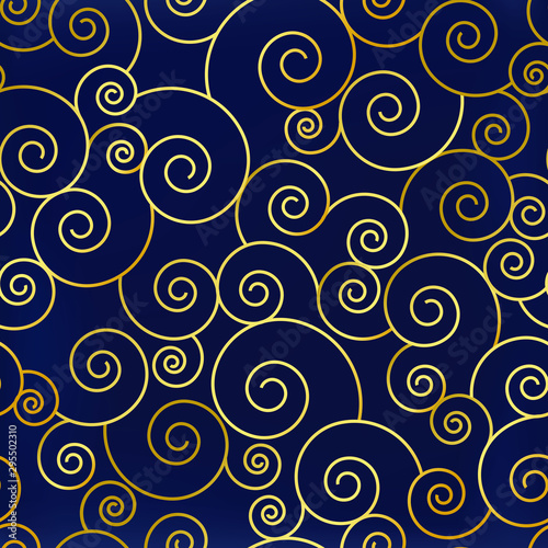 Festive seamless abstract pattern with golden swirls on blue velvet