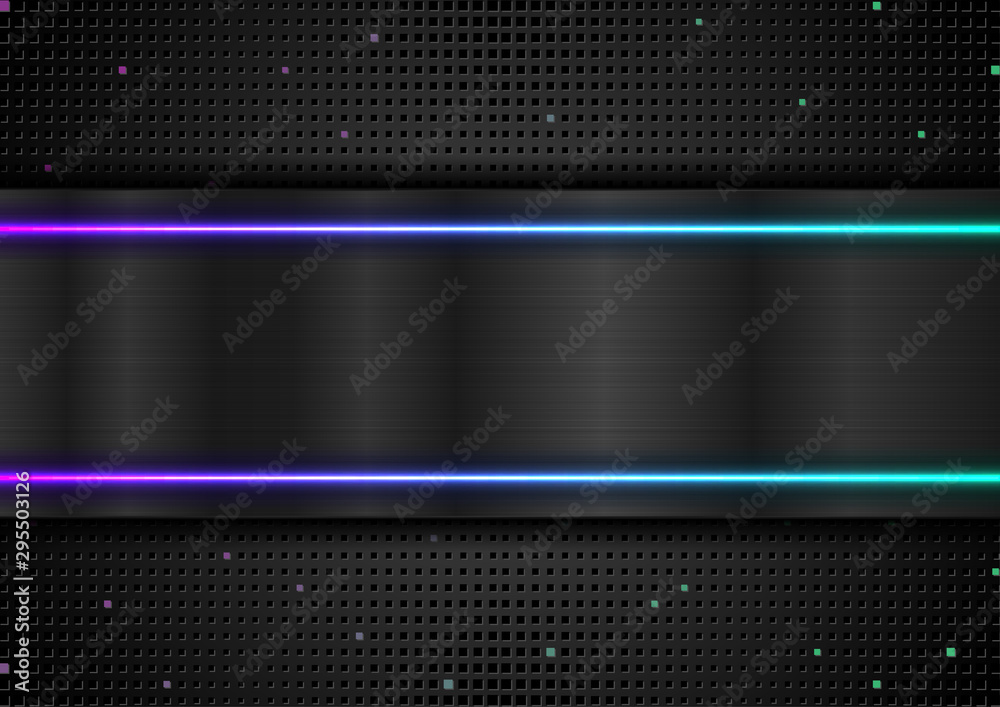 Technology abstract background. Black metal texture and blue purple neon light. Dark perforated backdrop with halftone squares. Vector illustration