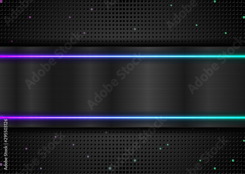 Technology abstract background. Black metal texture and blue purple neon light. Dark perforated backdrop with halftone squares. Vector illustration