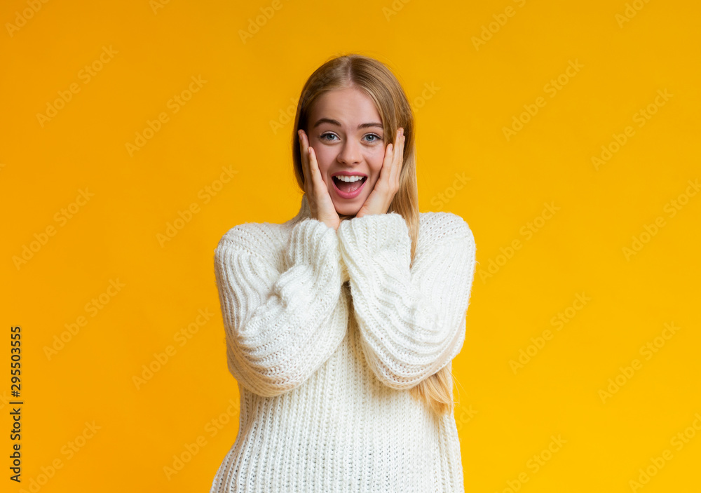 Surprised stunned emotional girl with hands on cheeks Surprised stunned emotional girl with hands on cheeks