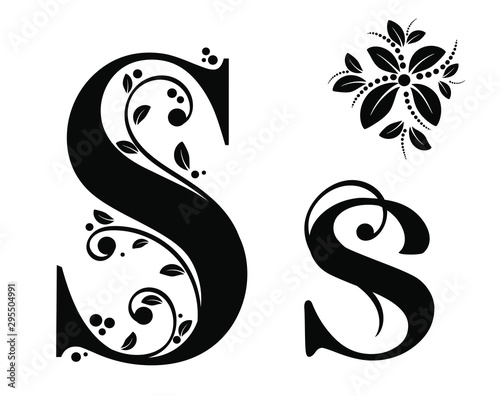  Decorated Alphabet with ornaments vintage vector, Letter S upper and lower case with leaves vector. Decoration vintage for invites card and other concept ideas. Illustration alphabet