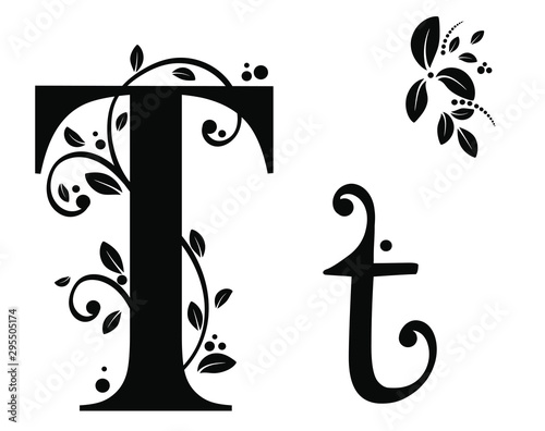  Decorated Alphabet with  ornaments vintage vector, Letter T upper and lower case with leaves vector. Decoration vintage for invites card and other concept ideas. Illustration alphabet